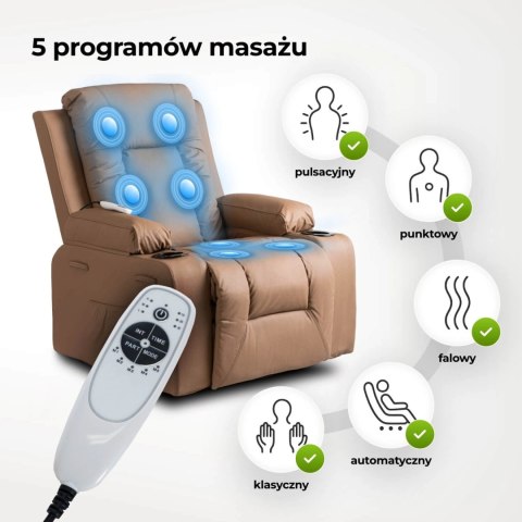 Fotel Masujący BOX Rozkładany z Podnóżkiem Karmelowy Ekoskóra Nowoczesny