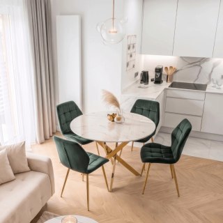 Zestaw Stół BALI 100 cm Biały Marmur/Złoty i 4 Krzesła LUCKY Zielone ze Złotą Nogą