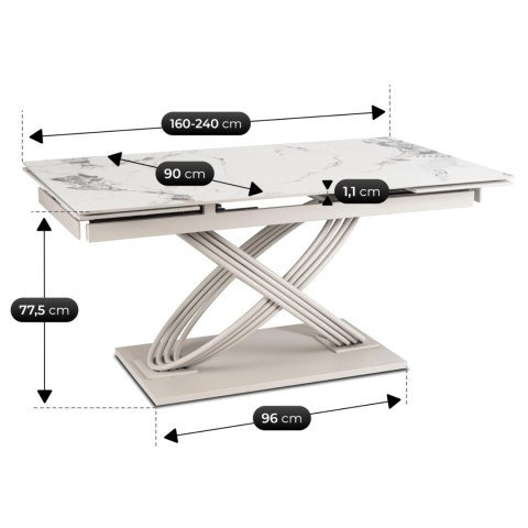 Stół IBIZA Ceramiczny Rozkładany 160-240 cm Biały Marmur/Kaszmir