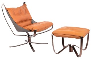 King Home Fotel ARNI LOW z podnóżkiem pomarańczowy - ekoskóra, miedz