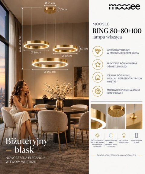 Moosee MOOSEE lampa wisząca RING 80 + 80 + 100 złota na jednej podsufitce
