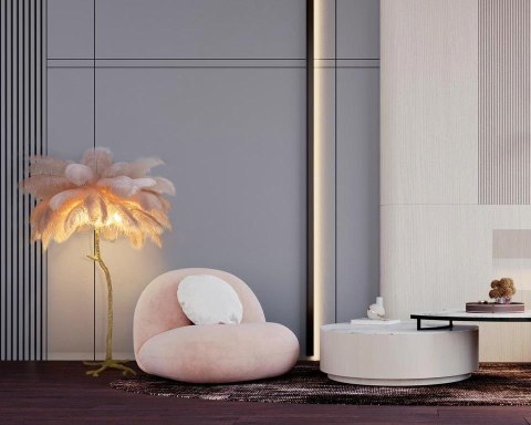 King Home Lampa podłogowa TIFFANY 175 różowa mosiądz / naturalne pióra