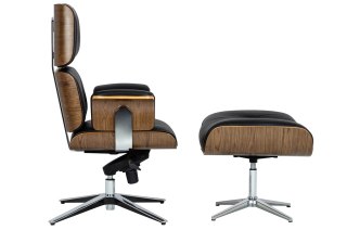 King Home Fotel biurowy LOUNGE BUSINESS czarny z podnóżkiem - sklejka orzech, skóra naturalna, stal polerowana