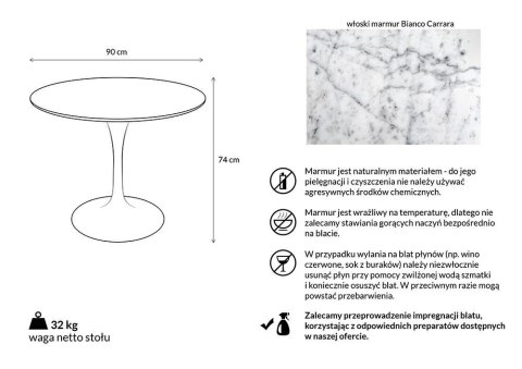 King Home Stół TULIP MARBLE 90 CARRARA biały - marmur, metal