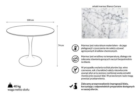King Home Stół TULIP MARBLE 100 CARRARA biały - marmur, metal