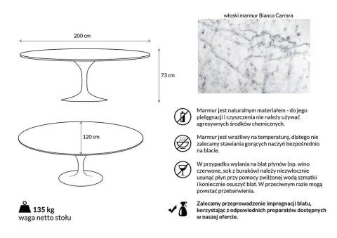 King Home Stół TULIP ELLIPSE MARBLE CARRARA 200 biały - marmur, metal