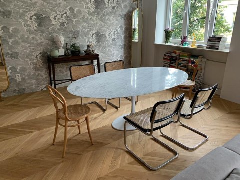 King Home Stół TULIP ELLIPSE MARBLE CARRARA 200 biały - marmur, metal