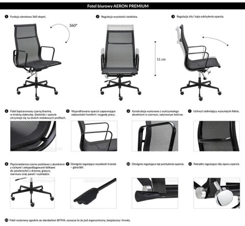 King Home Fotel biurowy AERON PREMIUM czarny - siatka, aluminium