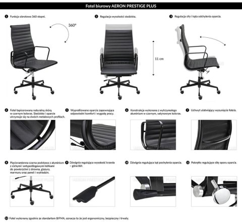 King Home Fotel biurowy AERON PRESTIGE PLUS czarny - skóra naturalna, aluminium