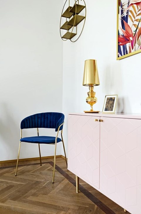 King Home Krzesło MARGO ciemny niebieski - welur, podstawa złota