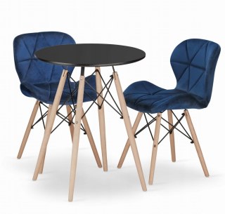 Zestaw stół okrągły TODI 60cm czarny + 2 krzesła LAGO granatowe